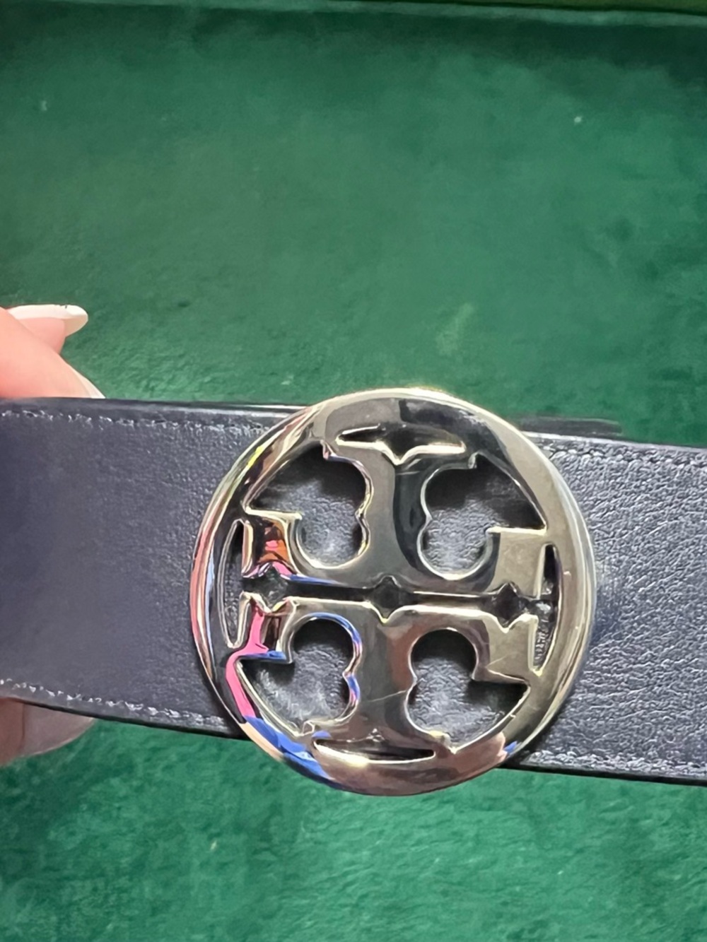 Reversible Tory Burch Navy Blue Leather Belt with Silver Double-T Logo Buckle